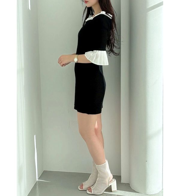 MERCURYDUO「異素材プリーツオフショルミニニットワンピース」|ワンピース|