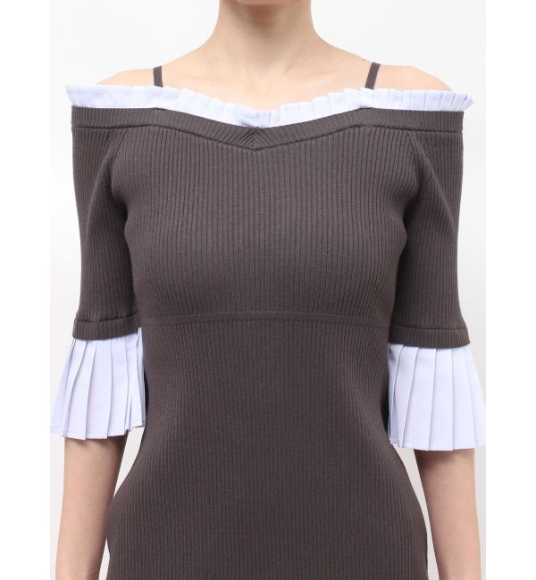 MERCURYDUO「異素材プリーツオフショルミニニットワンピース」|ワンピース|