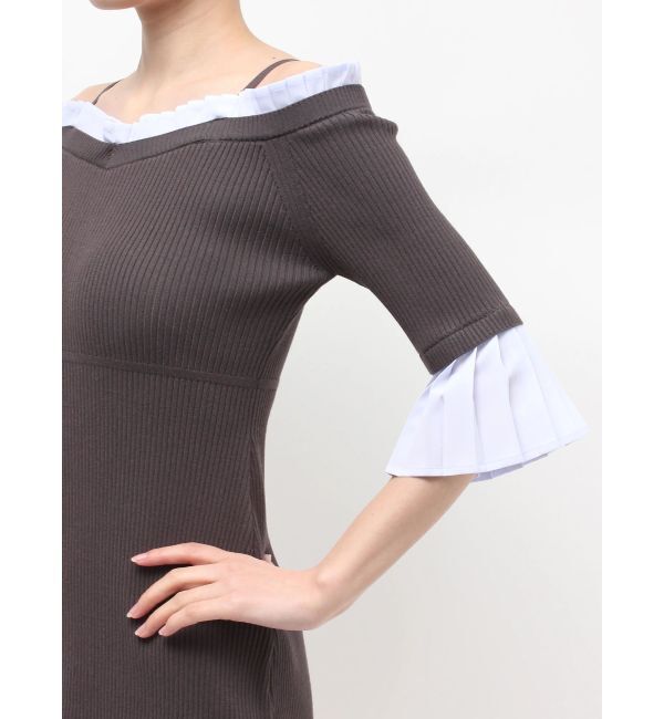 MERCURYDUO「異素材プリーツオフショルミニニットワンピース」|ワンピース|