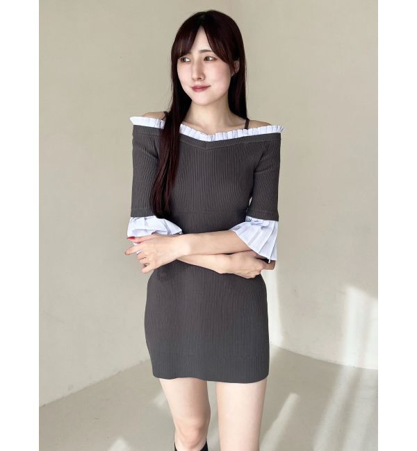 MERCURYDUO「異素材プリーツオフショルミニニットワンピース」|ワンピース|