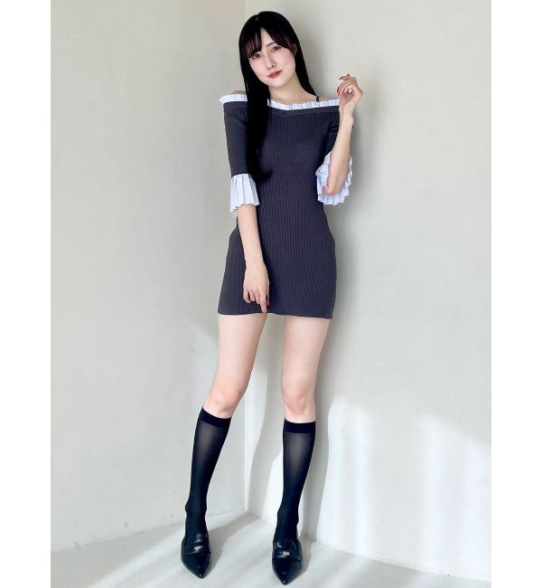 MERCURYDUO「異素材プリーツオフショルミニニットワンピース」|ワンピース|