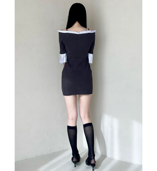 MERCURYDUO「異素材プリーツオフショルミニニットワンピース」|ワンピース|