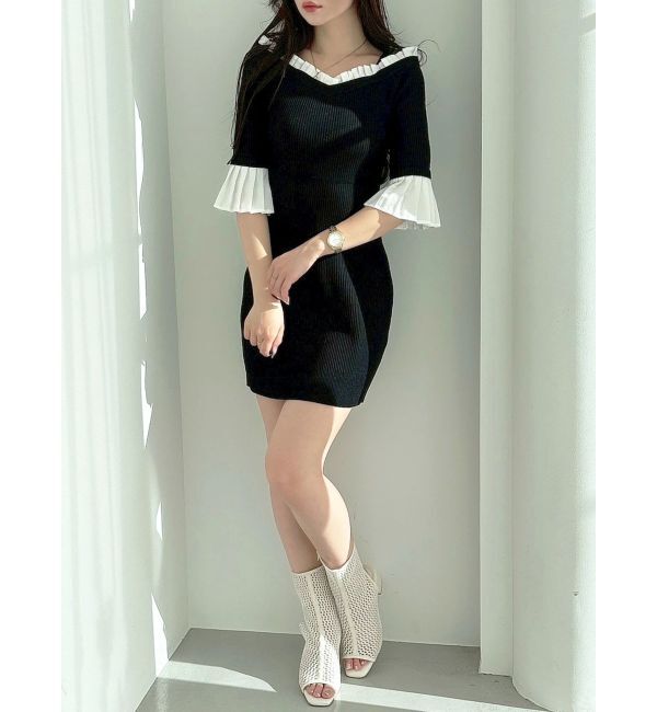 MERCURYDUO「異素材プリーツオフショルミニニットワンピース」|ワンピース|ブラック