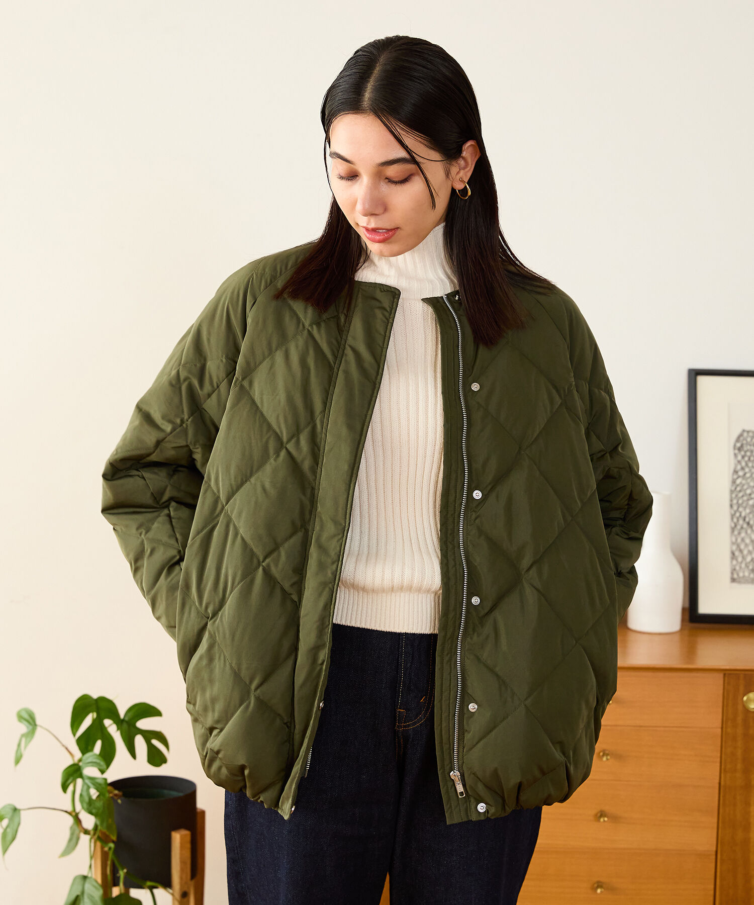 ORiental TRaffic「キルティングノーカラーダウンジャケット/MO43D04」|ダウン|KHAKI