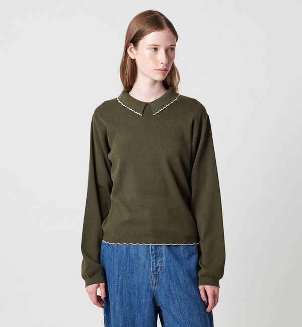 STEVEN ALAN「＜Steven Alan＞コットンカシミヤ ラッフル ポロニット」|ニット・セーター|OLIVE