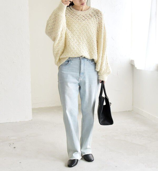 quaranciel「quaranciel:〈手洗い可能〉スパンコール レース編み クルーネック ドルマン ルーズ ニット」|ニット・セーター|
