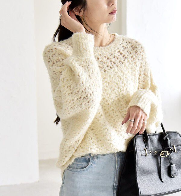 quaranciel「quaranciel:〈手洗い可能〉スパンコール レース編み クルーネック ドルマン ルーズ ニット」|ニット・セーター|