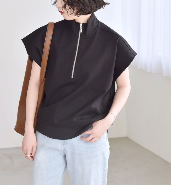 quaranciel「quaranciel:〈洗濯機可能〉ライト ポンチ ハーフジップ フレンチスリーブ TEE」|Tシャツ・カットソー|