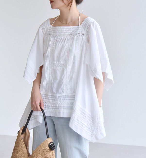 quaranciel「quaranciel:〈洗濯機可能〉コットン レース ライン スクエア ネック ブラウス」|シャツ・ブラウス|