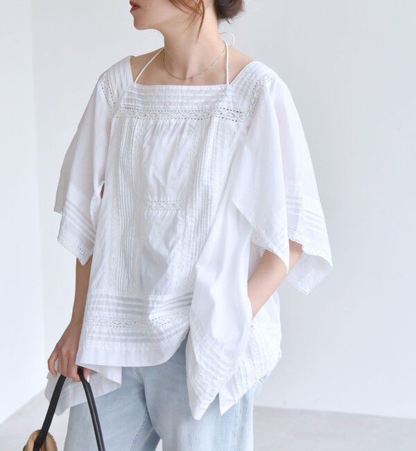 quaranciel「quaranciel:〈洗濯機可能〉コットン レース ライン スクエア ネック ブラウス」|シャツ・ブラウス|