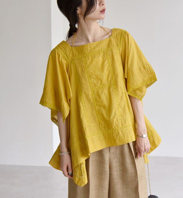 quaranciel「quaranciel:〈洗濯機可能〉コットン レース ライン スクエア ネック ブラウス」|シャツ・ブラウス|