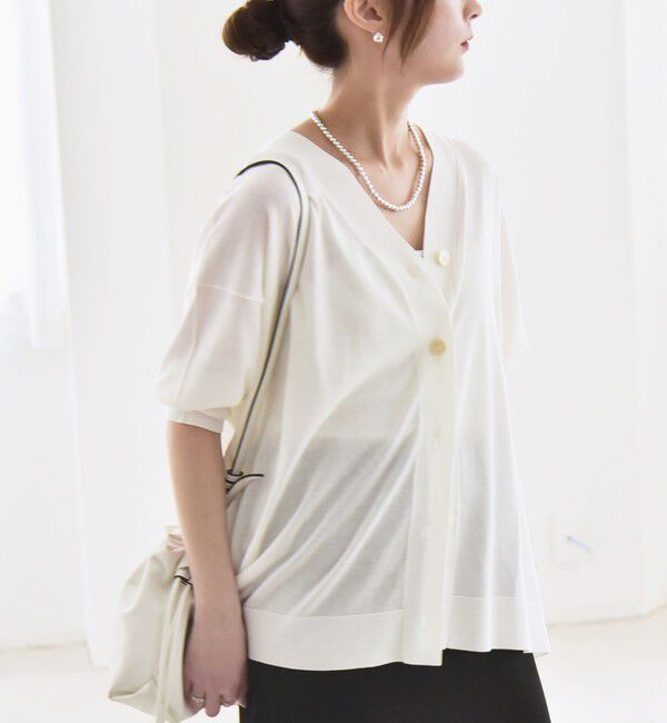 quaranciel「quaranciel:〈接触冷感〉 ワイド Vネック ハーフスリーブ シアー カーディガン」|カーディガン|