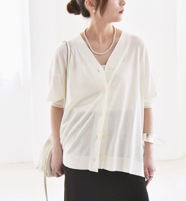 quaranciel「quaranciel:〈接触冷感〉 ワイド Vネック ハーフスリーブ シアー カーディガン」|カーディガン|