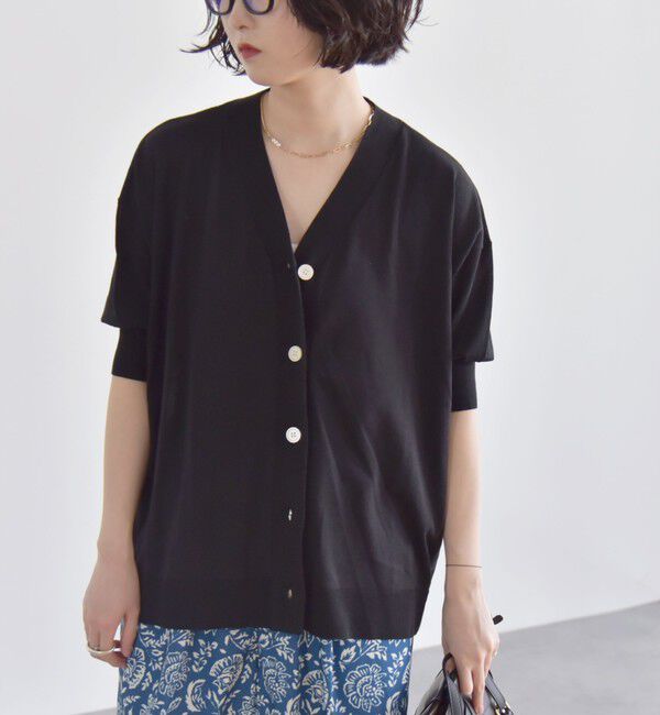 quaranciel「quaranciel:〈接触冷感〉 ワイド Vネック ハーフスリーブ シアー カーディガン」|カーディガン|