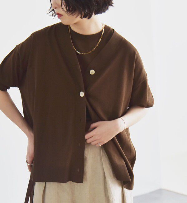 quaranciel「quaranciel:〈接触冷感〉 ワイド Vネック ハーフスリーブ シアー カーディガン」|カーディガン|