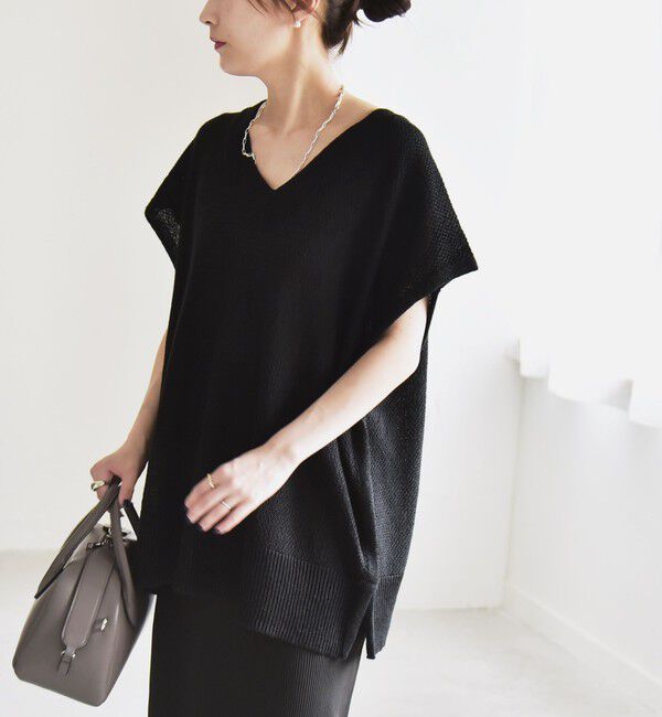 quaranciel「quaranciel:〈手洗い可能〉ラミー ミックス Vネック ノースリーブ シアー ニット」|ニット・セーター|