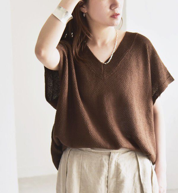 quaranciel「quaranciel:〈手洗い可能〉ラミー ミックス Vネック ノースリーブ シアー ニット」|ニット・セーター|ブラウン