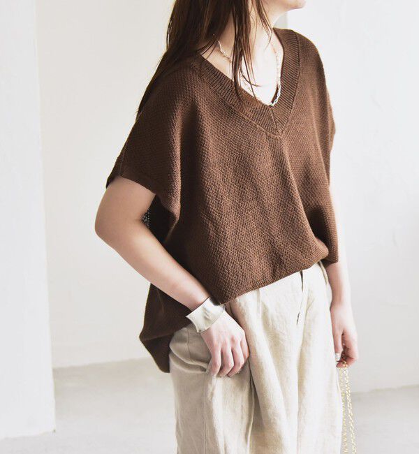 quaranciel「quaranciel:〈手洗い可能〉ラミー ミックス Vネック ノースリーブ シアー ニット」|ニット・セーター|