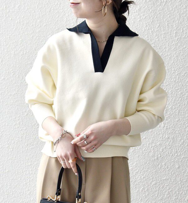 SHIPS any「SHIPS any:〈手洗い可能〉バイカラー スキッパー ニット プルオーバー」|ニット・セーター|