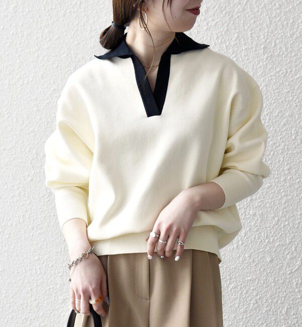 SHIPS any「SHIPS any:〈手洗い可能〉バイカラー スキッパー ニット プルオーバー」|ニット・セーター|