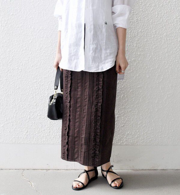 SHIPS any「《予約》SHIPS any:〈手洗い可能〉リネンミックス Iライン フリル イージー スカート」|スカート|ブラウン