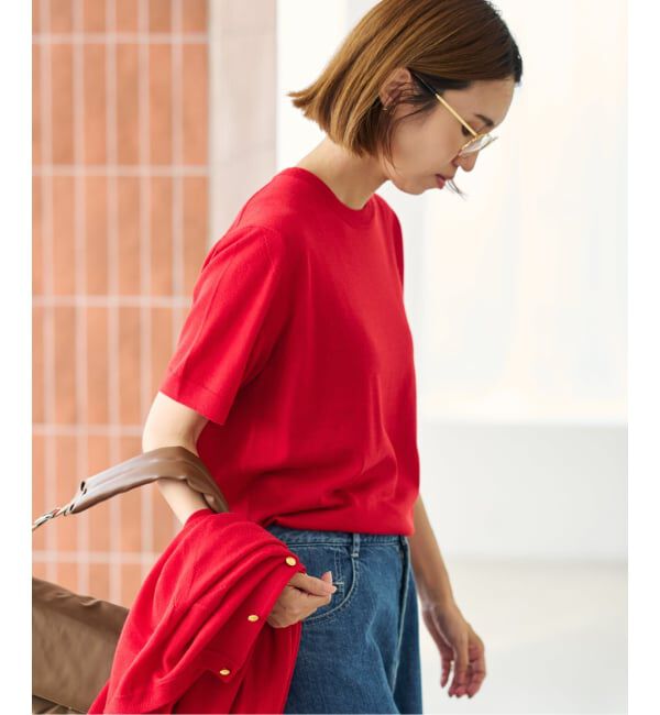 FRAMeWORK「イタリアヤーン basicハーフスリーブプルオーバー」|ニット・セーター|レッド