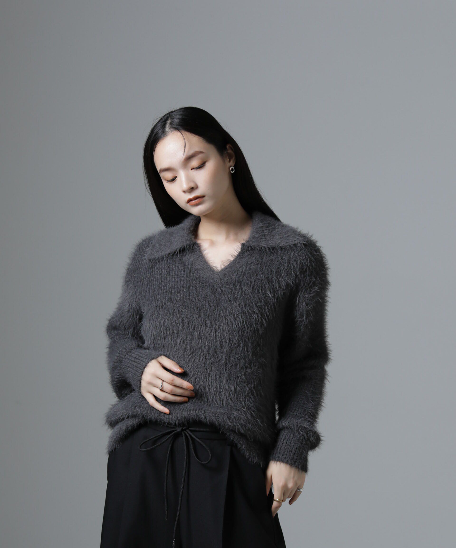 nano･universe「衿付きヘアリーニットプルオーバー」|ニット・セーター|チャコール3