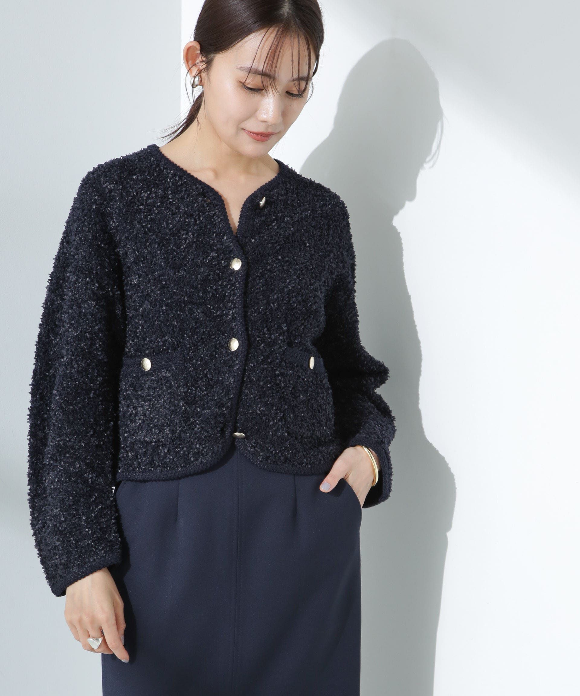 nano･universe「リボンヤーンニットジャケット」|ニット・セーター|