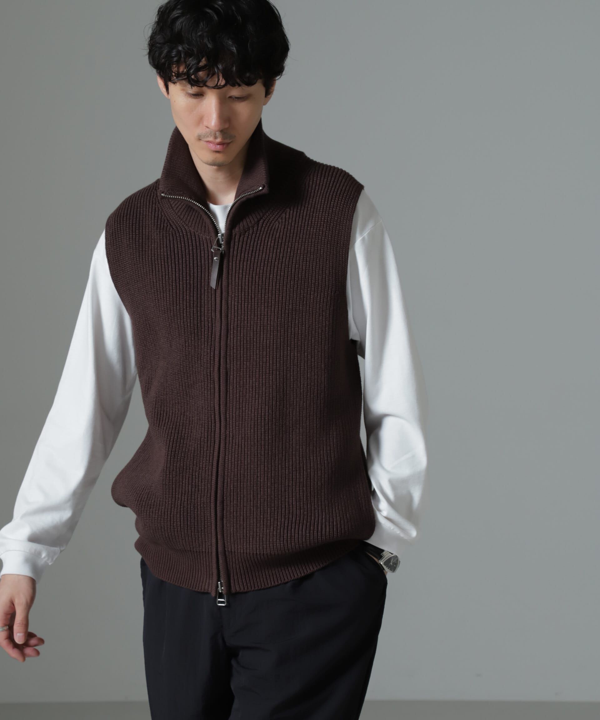 nano･universe「片アゼドライバーズジップニットベスト」|ニット・セーター|