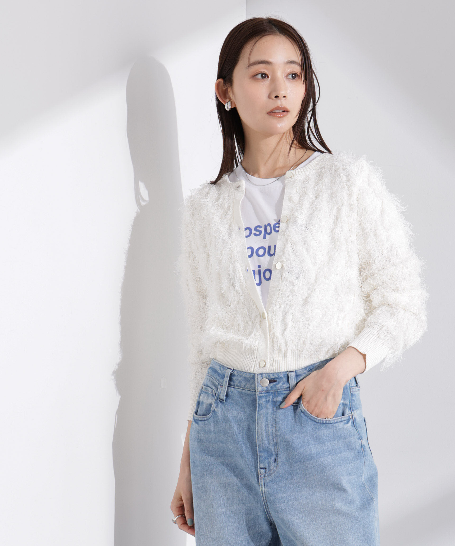 nano･universe「フリンジニットクルーネックカーディガン」|ニット・セーター|ホワイト