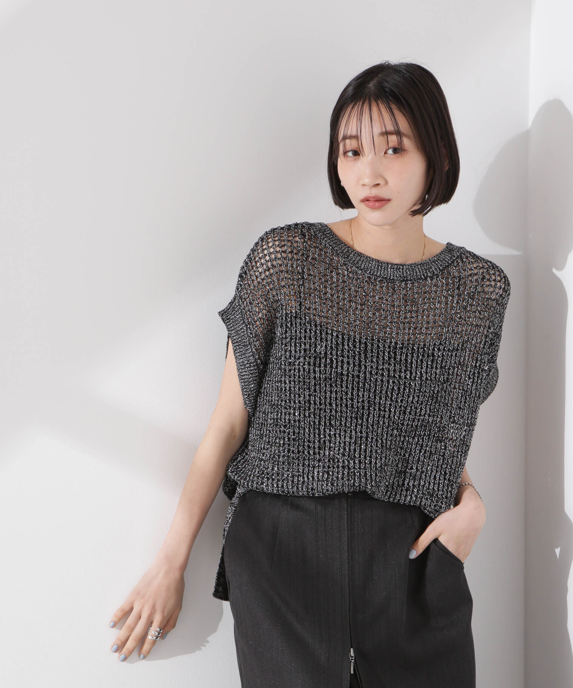 nano･universe「ラメメッシュノースリーブニット (セットアップ可)」|ニット・セーター|ブラック