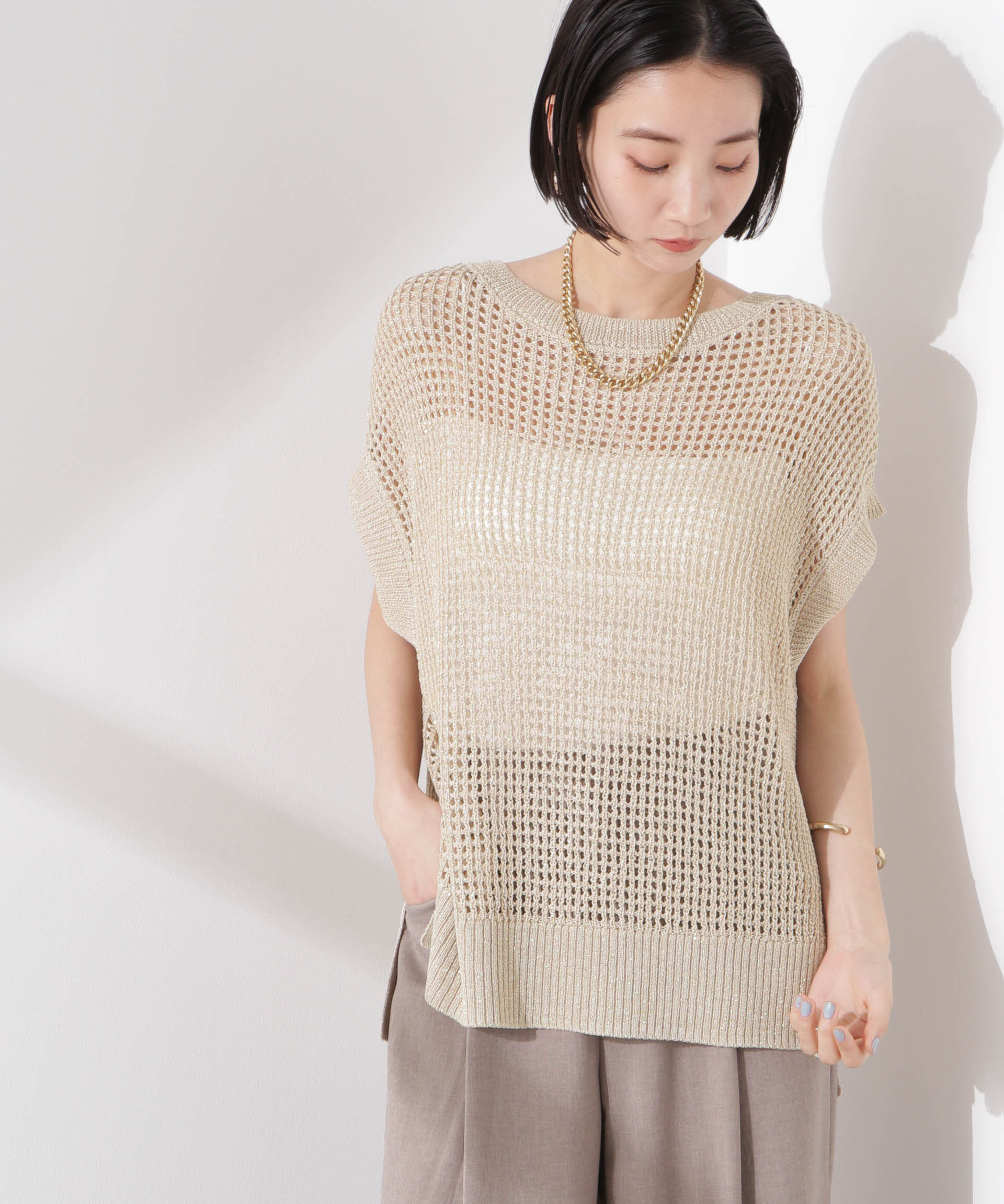 nano･universe「ラメメッシュノースリーブニット (セットアップ可)」|ニット・セーター|