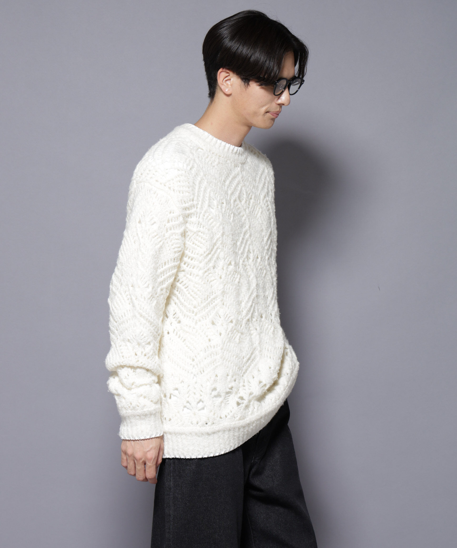 nano･universe「透かし編み クルーネックニット」|ニット・セーター|