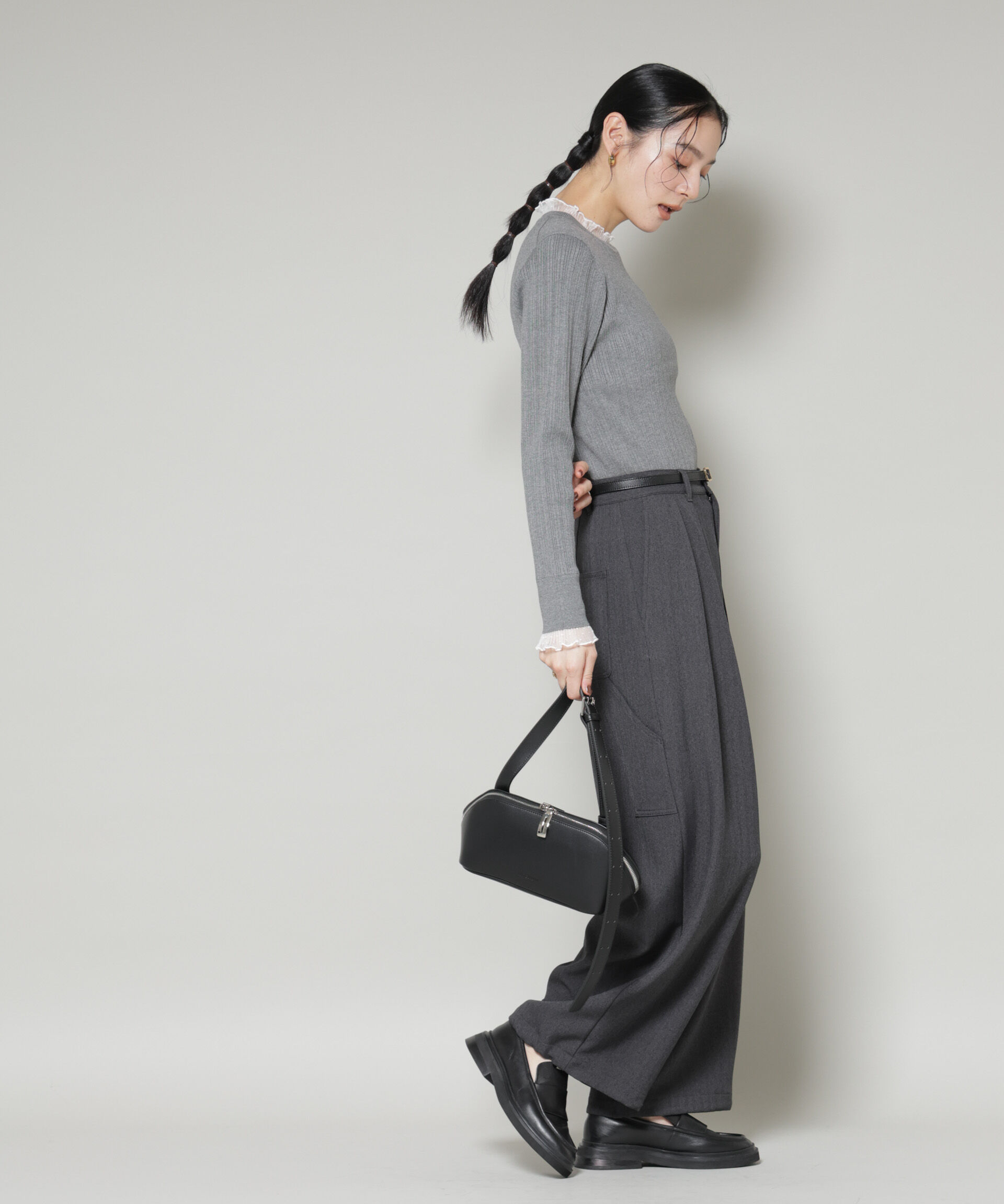 nano･universe「ホホバオイル加工チュールフリル付きランダムリブニット」|ニット・セーター|