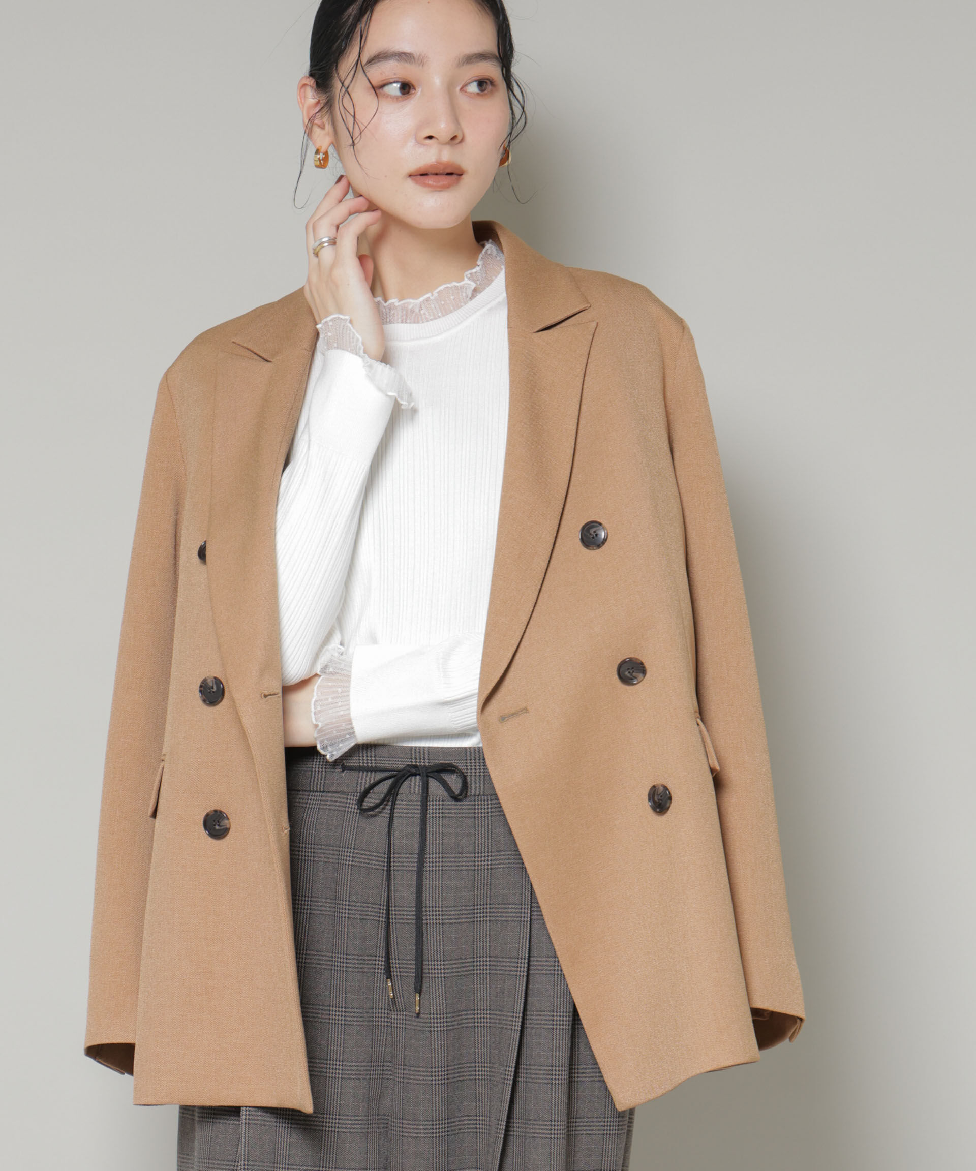 nano･universe「ホホバオイル加工チュールフリル付きランダムリブニット」|ニット・セーター|