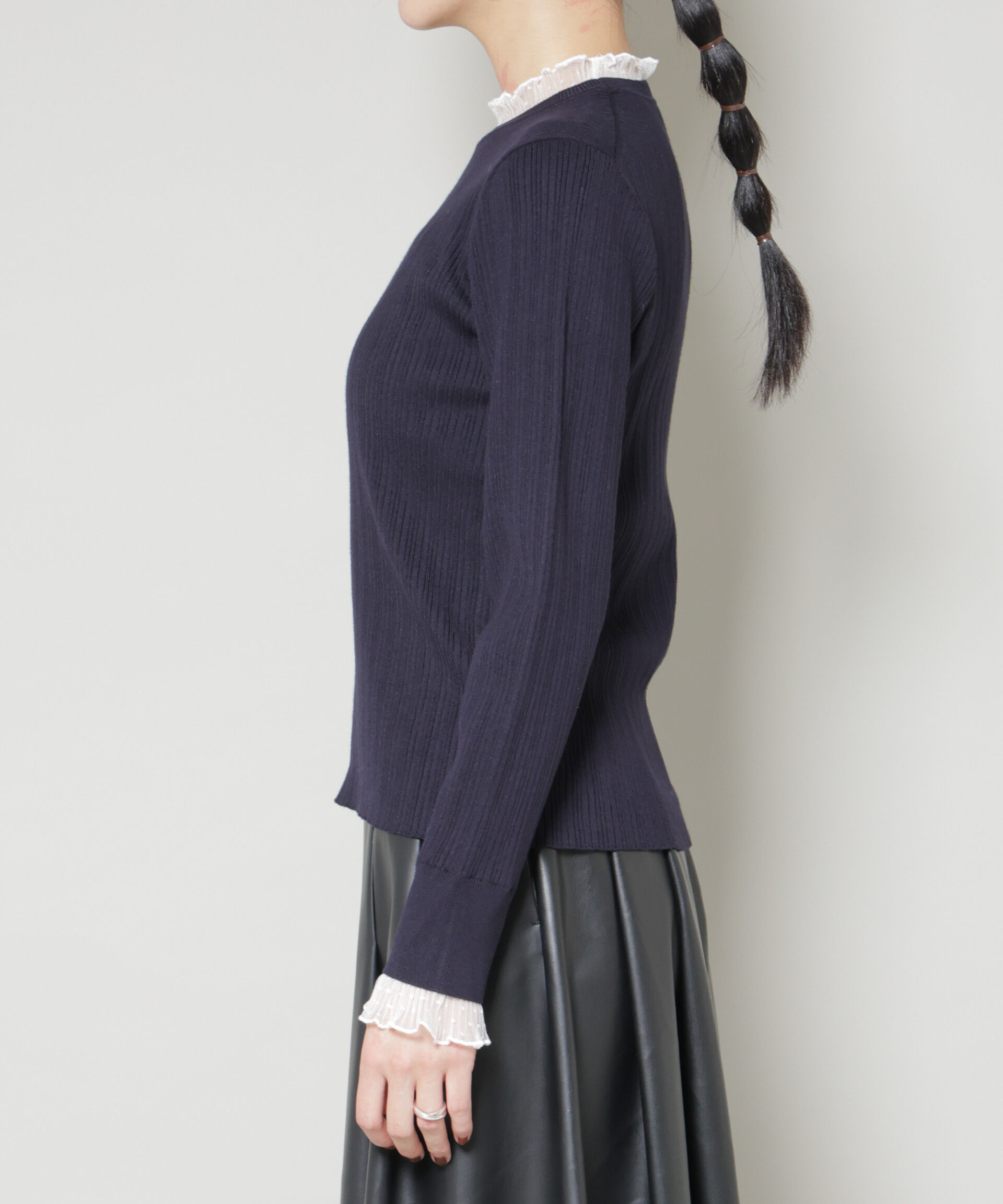 nano･universe「ホホバオイル加工チュールフリル付きランダムリブニット」|ニット・セーター|