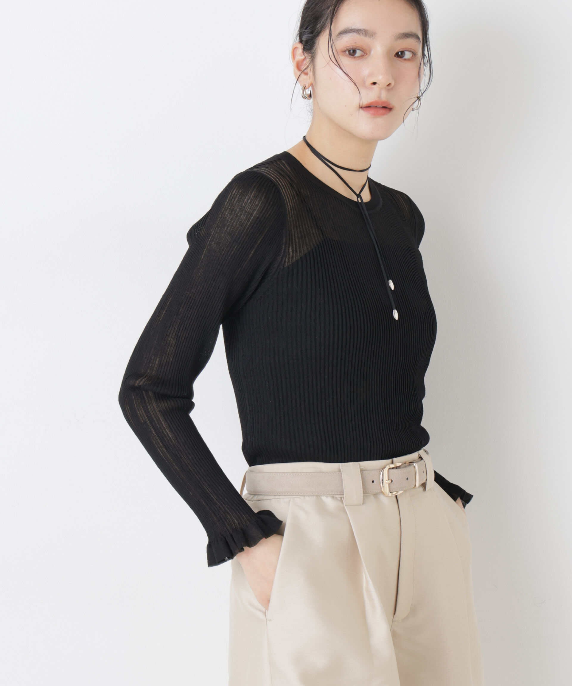 nano･universe「シアーリブフリルカフニット」|ニット・セーター|