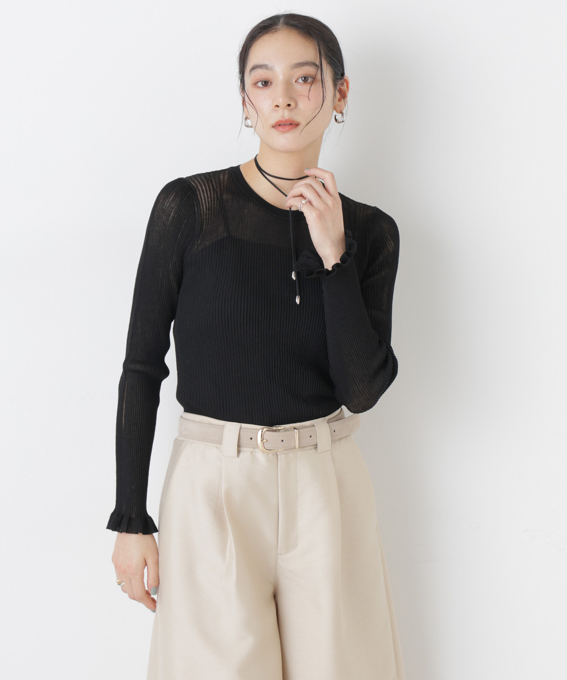 nano･universe「シアーリブフリルカフニット」|ニット・セーター|