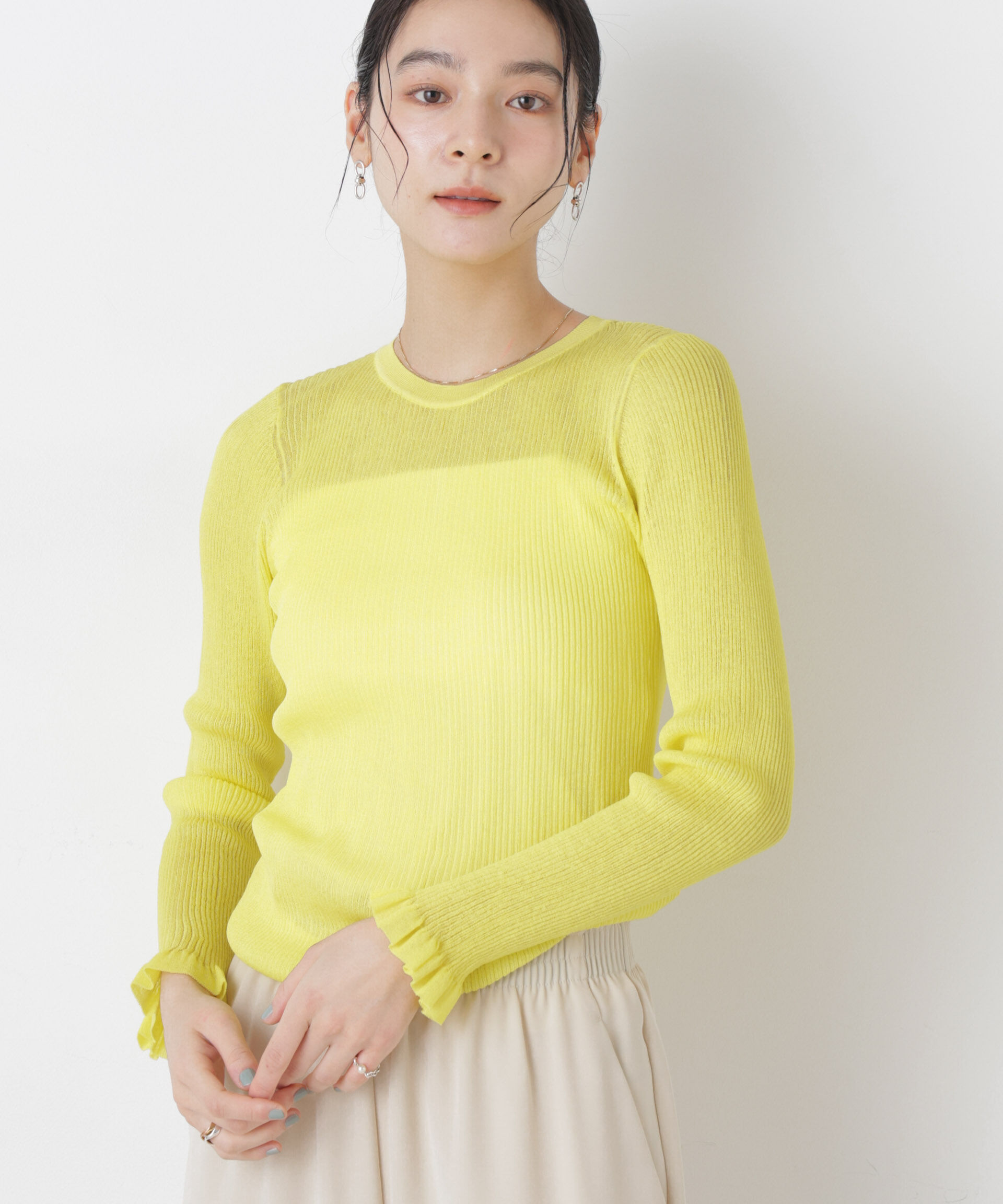 nano･universe「シアーリブフリルカフニット」|ニット・セーター|イエロー
