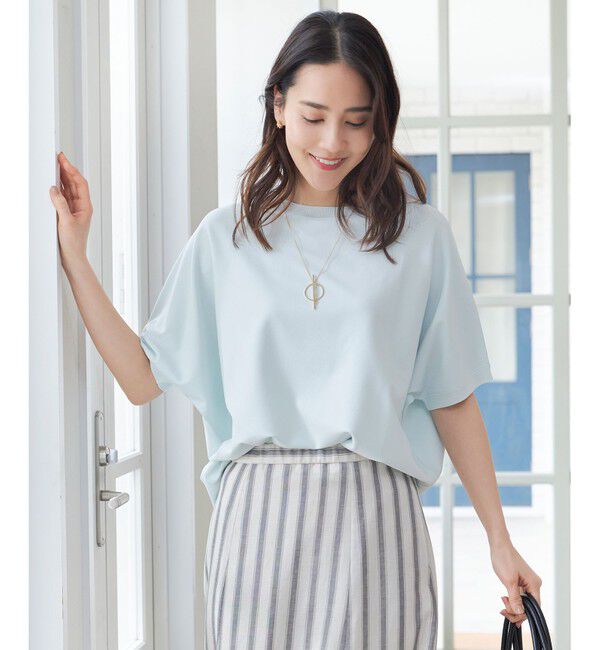 自由区「【WEB限定カラーあり・接触冷感・UVカット】クレープストレッチドルマン ニット」|ニット・セーター|サックス