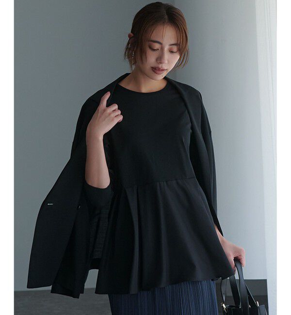 23区「【ご好評につき新色追加】ナチュラルコットンベアコンビ ペプラム カットソー」|Tシャツ・カットソー|ブラック系