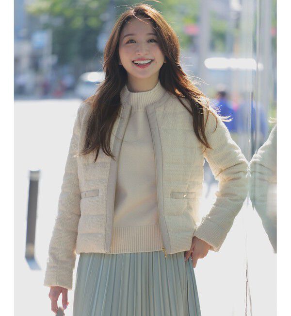 ANY SIS「【2WAY】ツイードノーカラー ダウンジャケット」|ダウン|アイボリー