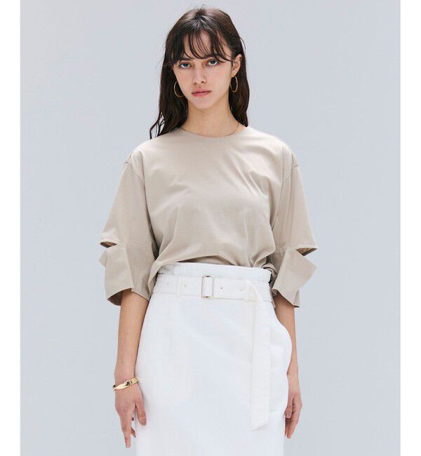 BEIGE,「【洗える】DUOMO / コットンスリットスリーブトップス」|Tシャツ・カットソー|Taupe