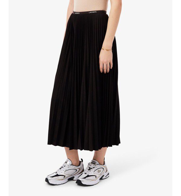 LACOSTE「ネームジャカード ウエストプリーツロングスカート」|スカート|ブラック