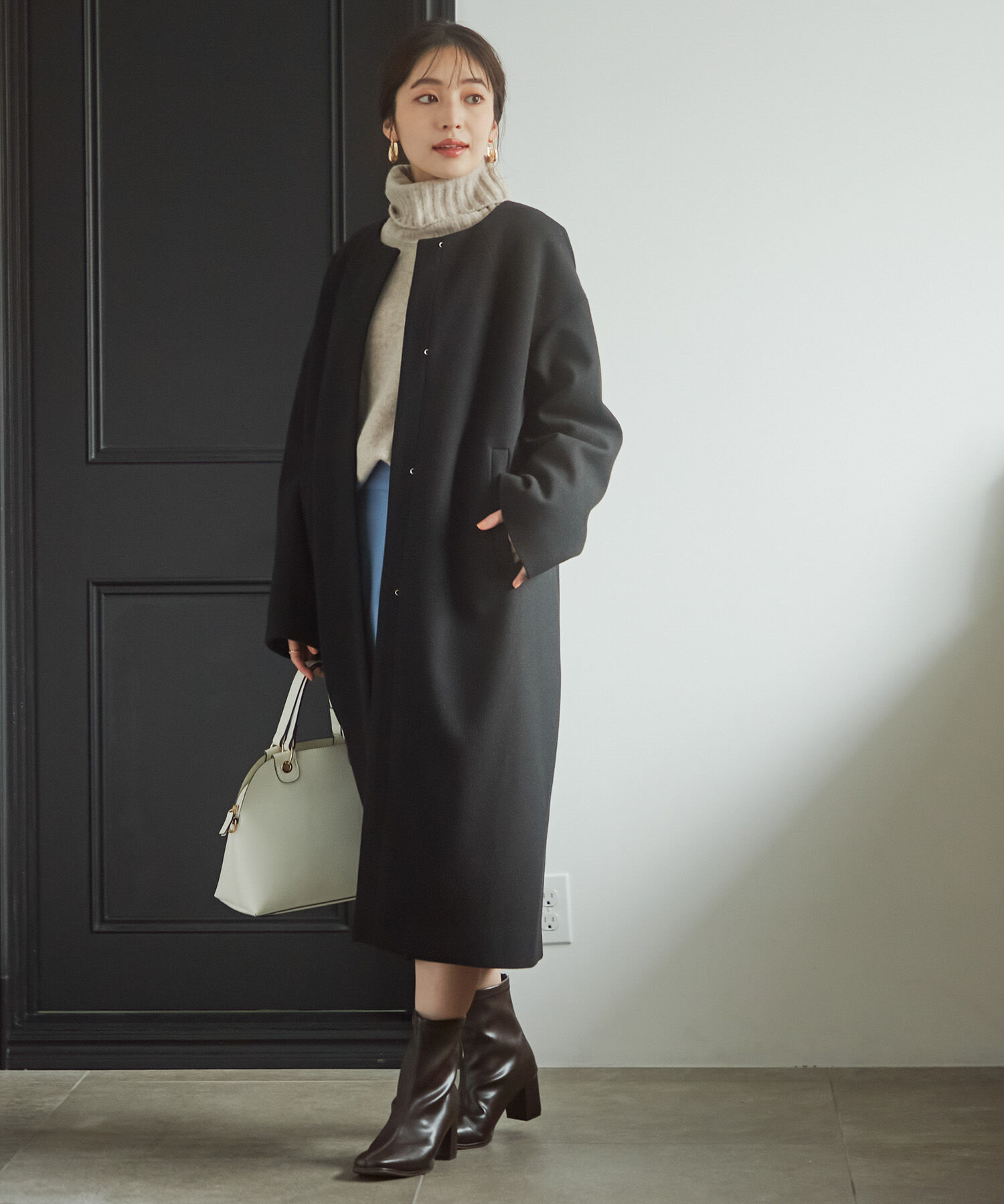 VIS「スッキリ見えフェイクウールノーカラーロングコート」|その他|