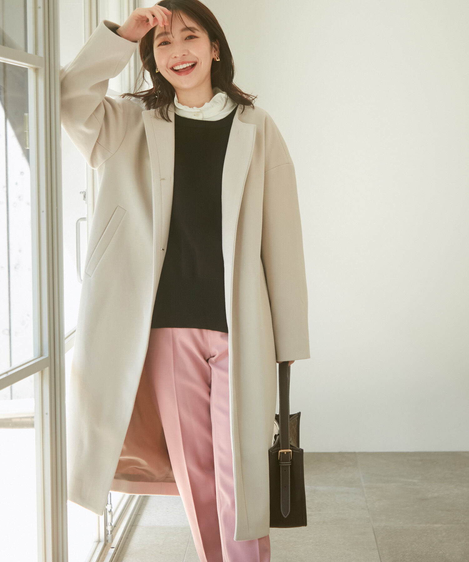 VIS「スッキリ見えフェイクウールノーカラーロングコート」|その他|