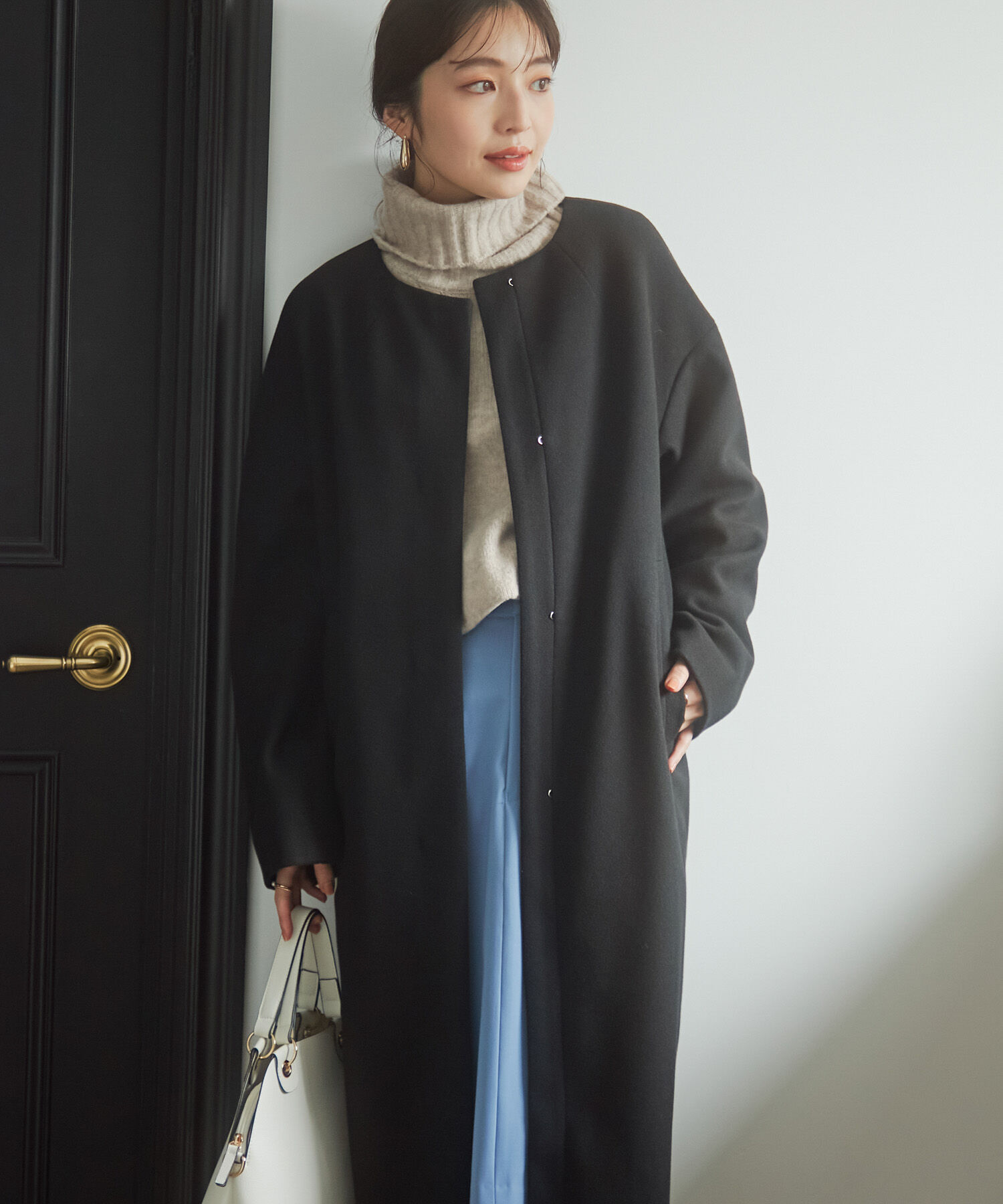 VIS「スッキリ見えフェイクウールノーカラーロングコート」|その他|