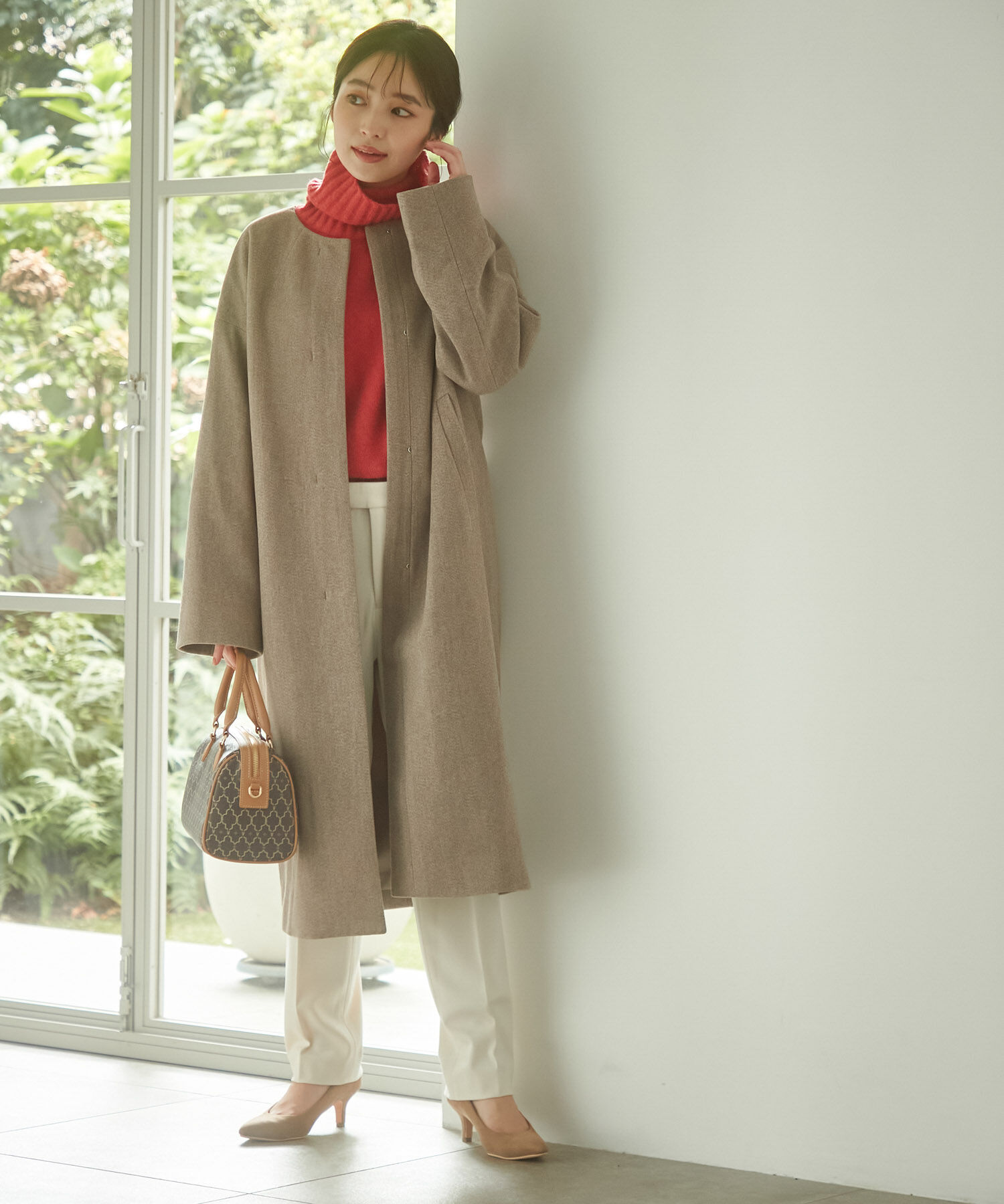 VIS「スッキリ見えフェイクウールノーカラーロングコート」|その他|