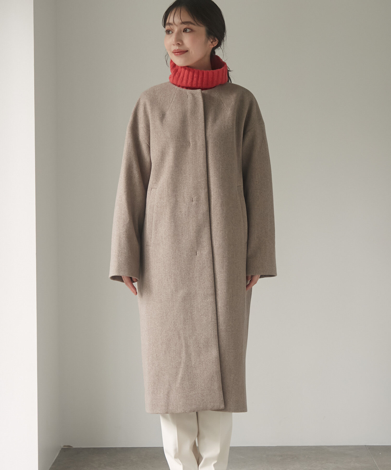 VIS「スッキリ見えフェイクウールノーカラーロングコート」|その他|
