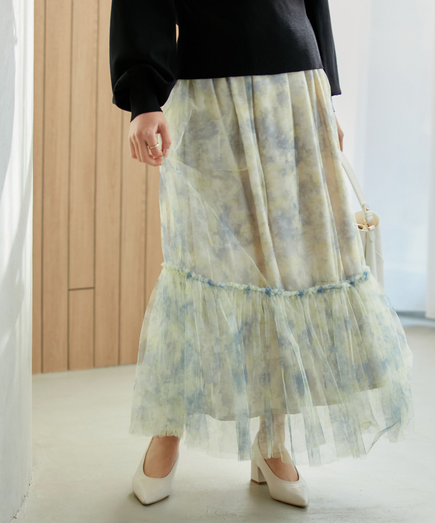 VIS「ニュアンス柄チュールスカート」|スカート|イエロー系(81)